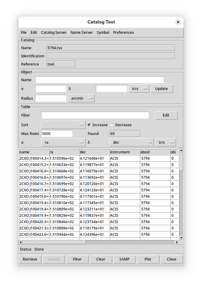 [The DS9 catalog window displaying a portion of the rows and columns read in from the TSV file.]