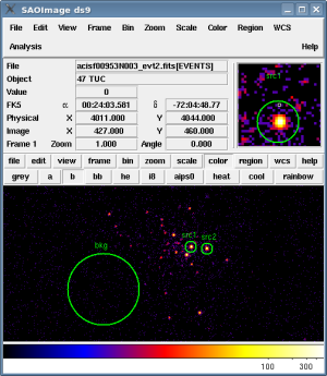 [Thumbnail image: Two source extraction regions (src1 and src2) and a background extraction region (bkg) are defined on the data.]