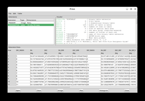[Thumbnail image: Screenshot of the Prism FITS file viewer application interface, displaying astronomical metadata keywords in a header panel and celestial coordinate columns within a data table extension labeled CROSSMATCH.]