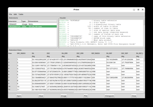 [Thumbnail image: Screenshot of the Prism FITS file viewer application interface, displaying astronomical metadata keywords in a header panel and celestial coordinate columns within a data table extension labeled CROSSMATCH.]