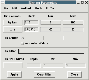 [DS9 menu settings for binning the source image and converting it to wavelength coordinates.]