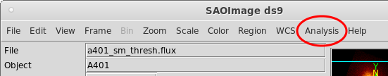 ds9 menu bar with Analysis menu circled