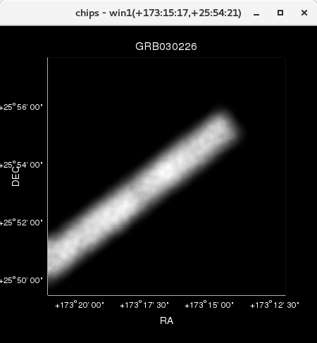 [The plot bow shows a band of emission from the bottom left to top right (a rotated rectangle), where the emission is a mottled white color, fading to gray at the edges. The remaining area is black. THe axes are labelled as RA and DEC (X and Y), with both using degrees, minutes, and seconds. The X axis decreases from left to right, because this is Astronomy (and because we are looking out from the inside of a sphere).]