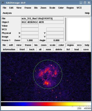 [Thumbnail image: The ACIS data displayed in ds9 with a circular region defined]