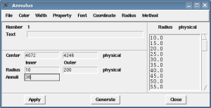 [Thumbnail image: The dialog box has fields for setting the center, inner and outer radius, and number of annuli for the region.]