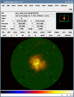 [Thumbnail image: The annuli are displayed in green on the data in ds9.]