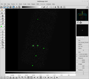 [Thumbnail image: A ds9 image showing a subarray dataset panned to the lower left. There are 6 sources marked with green ellipses.]