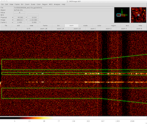 [Thumbnail image: The grating spectrum of the two field sources after new binning parameters are applied, region from pha2 file overlayed.]