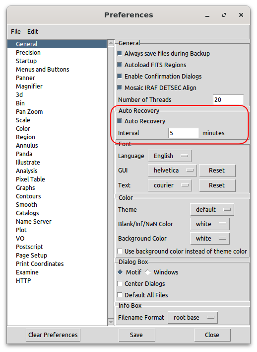 [The preferences window from DS9 showing the elements in the "General" section. Highlighted are the two preferences related to the auto-backup feature: whether it is turned on and the time between saves.]