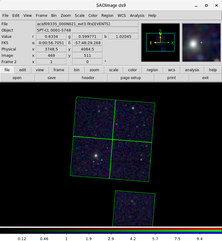 [The observation data is shown (binned and heavily smoothed) and the edges of each ACIS chip is outlined by a green polygon, which comes from the FOV file.]