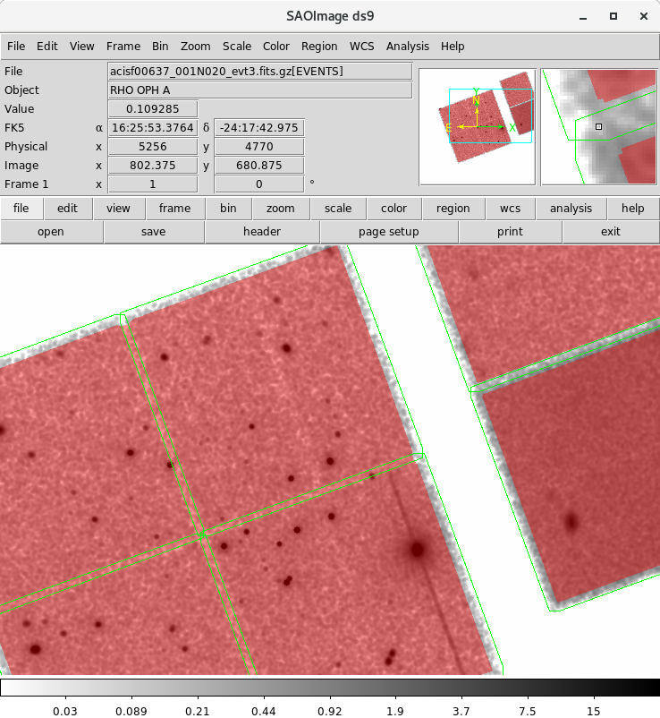 [The DS9 screen shows the event file data as a grey-scale image, overwhich the fov3 region file is shown as green polygons and the pixmask3 as red, partially transparent, rectangles. The fov3 file is slightly-larger than the actual data, whereas the pixmask3 does not cover all the data (the edges are excluded).]