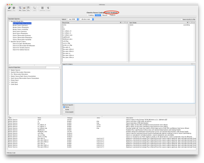 [The CSCview GUI, showing that it is set to using the release 2.0 processing database. There are panels to select the columns to search on, and the columns to return, as well as information on the ordering of the output, as well as information on the columns.]