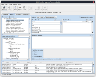 [Thumbnail image: The CSCview GUI, showing that it is set to using the release 2.1 processing database. There are panels to select the columns to search on, and the columns to return, as well as information on the ordering of the output, as well as information on the columns.]