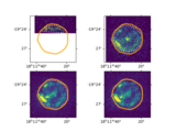 [Thumbnail image: There are four images of the same X-ray source, in a two by two grid, showing the same features apart from the top-left version, as this observation only covers the top 20 percent of the source. Each image has an orange, slightly translucent, convex polygon, which is the proposed master-hull outline, and was formed by combining the per-stack convex hulls, which are shown as the white dotted lines.]