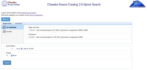 [Thumbnail image: The page offers a fairly minimal interface, allowing you to enter a location (explicit or by name), the search radius, and a display option. The interface can be switched from a cone search to a crossmatch.]